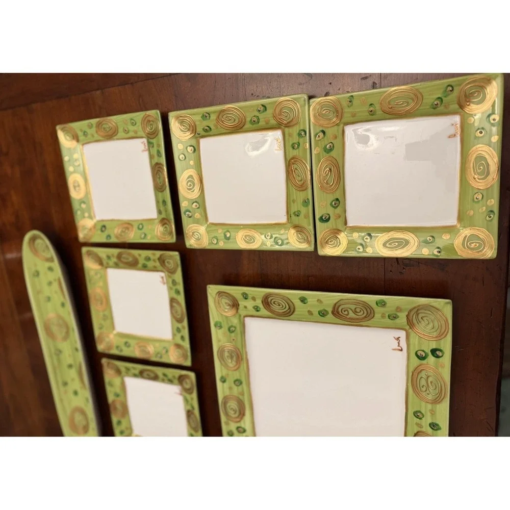 Vintage Mayfair & Jackson 9-Piece Square‎ Plate Set Green Metallic Gold Swirls